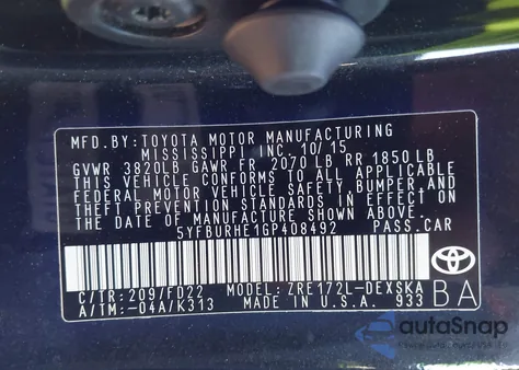 2016 Toyota Corolla S Plus from USA, damaged, VIN 5YFBURHE1GP408492